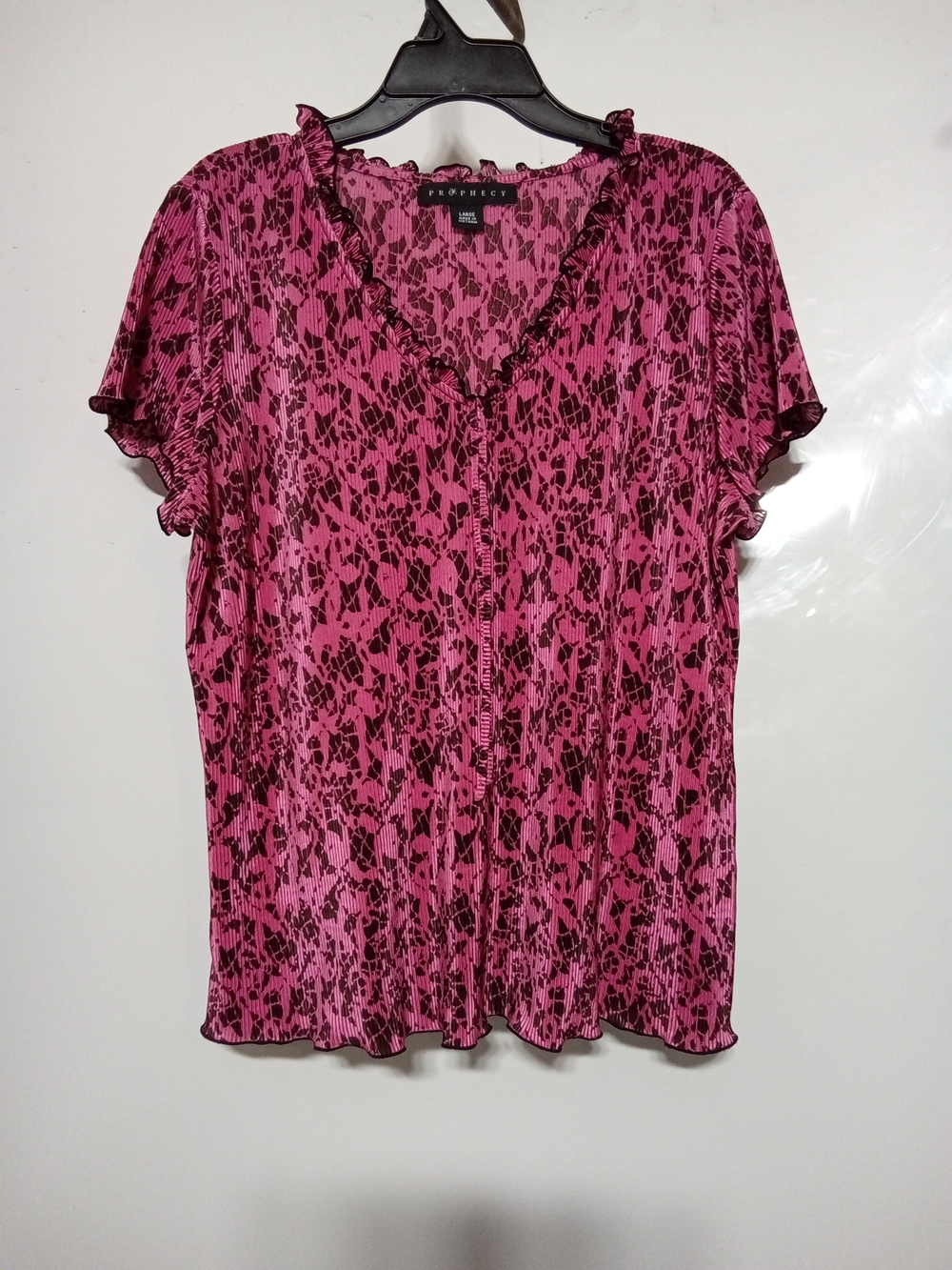 Prophecy Pink & Black Animal Print Pleated Ruffle V-Neck Top, Size Large